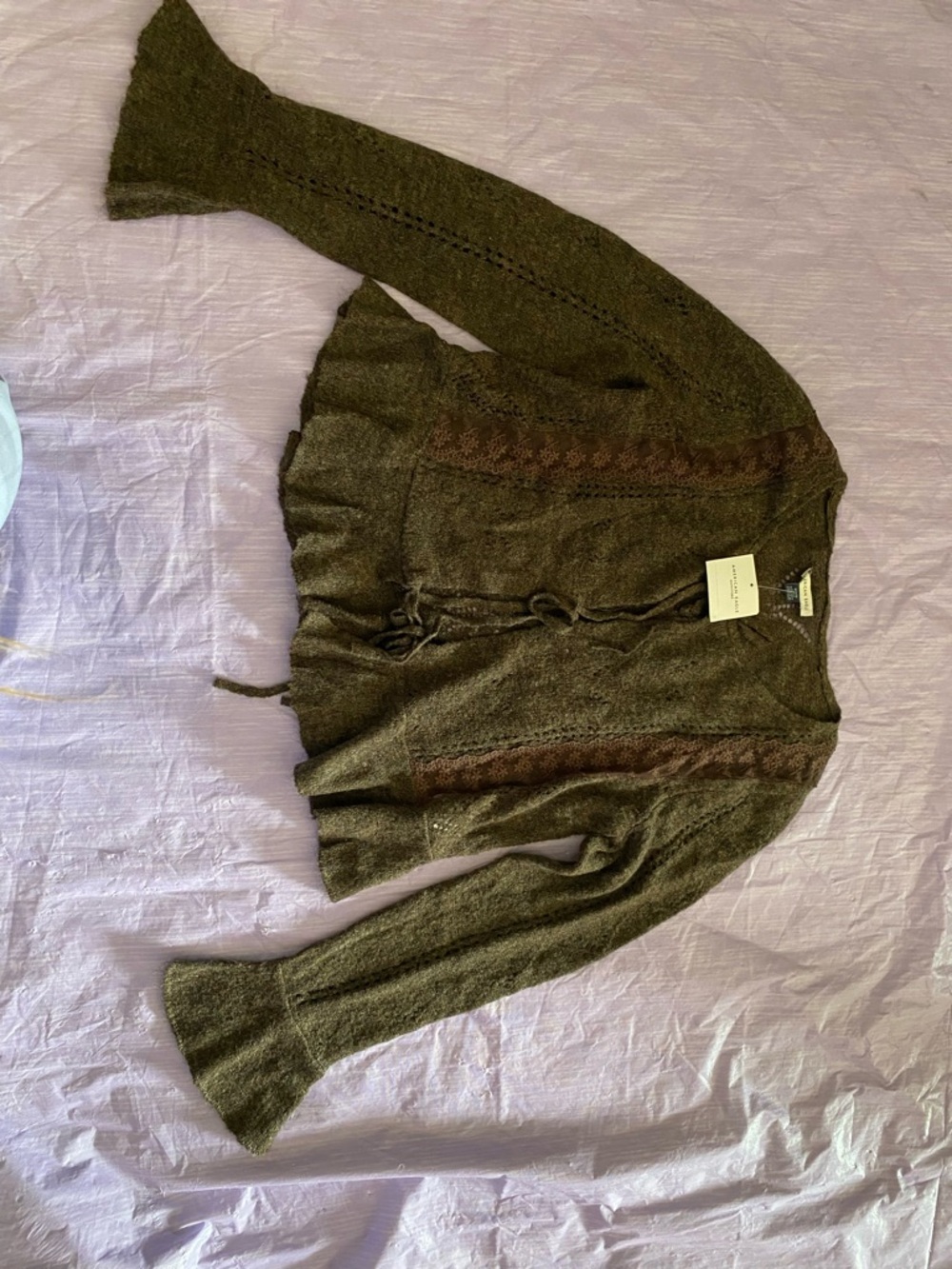 Brown Open Front Tie Knit Cardigan Sweater